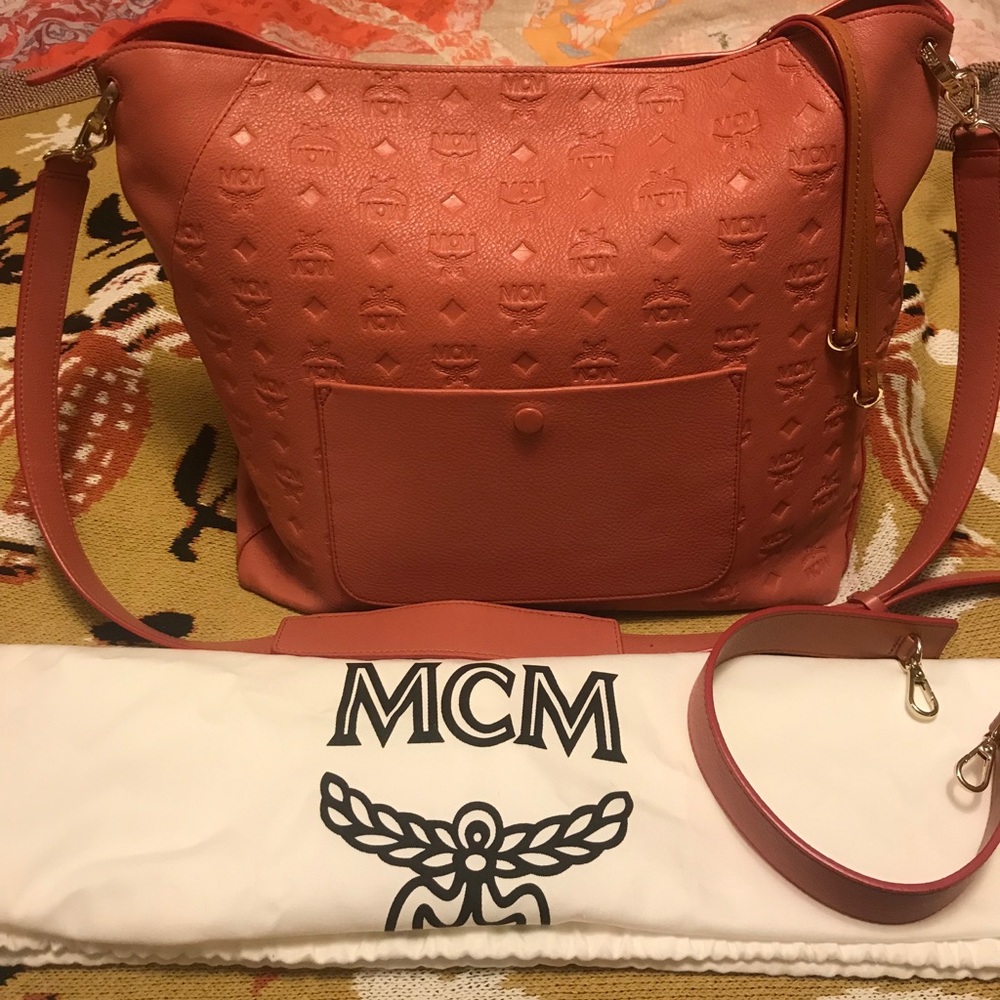 Gorgeous coral Large MCM leather hobo
